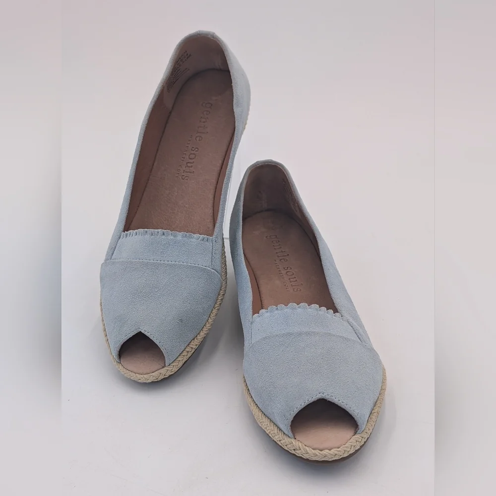 Gentle Souls Lissa Ruffle Sz 7.5 Light Blue Suede Peep-Toe Espadrille Wedges